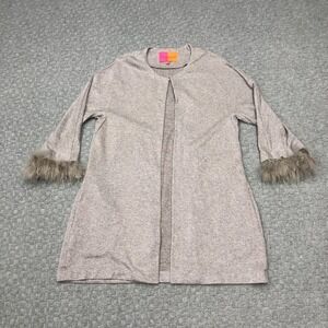 Vilagallo Cardigan Sweater Womens 46 L/XL Gray Open Front Fur Cuff 3/4 Sleeve